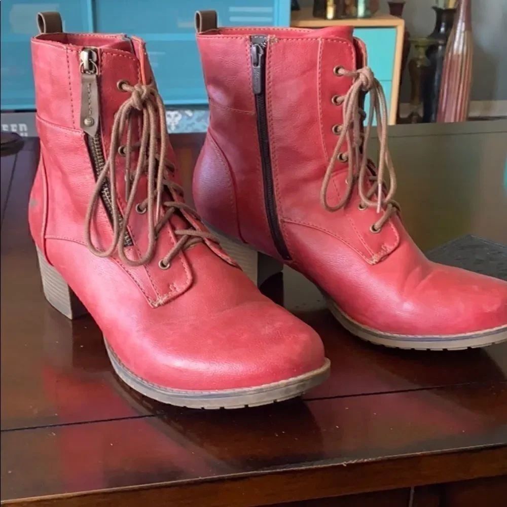 Mustang Red Moto Combat Boots Faux Leather 43/9.5